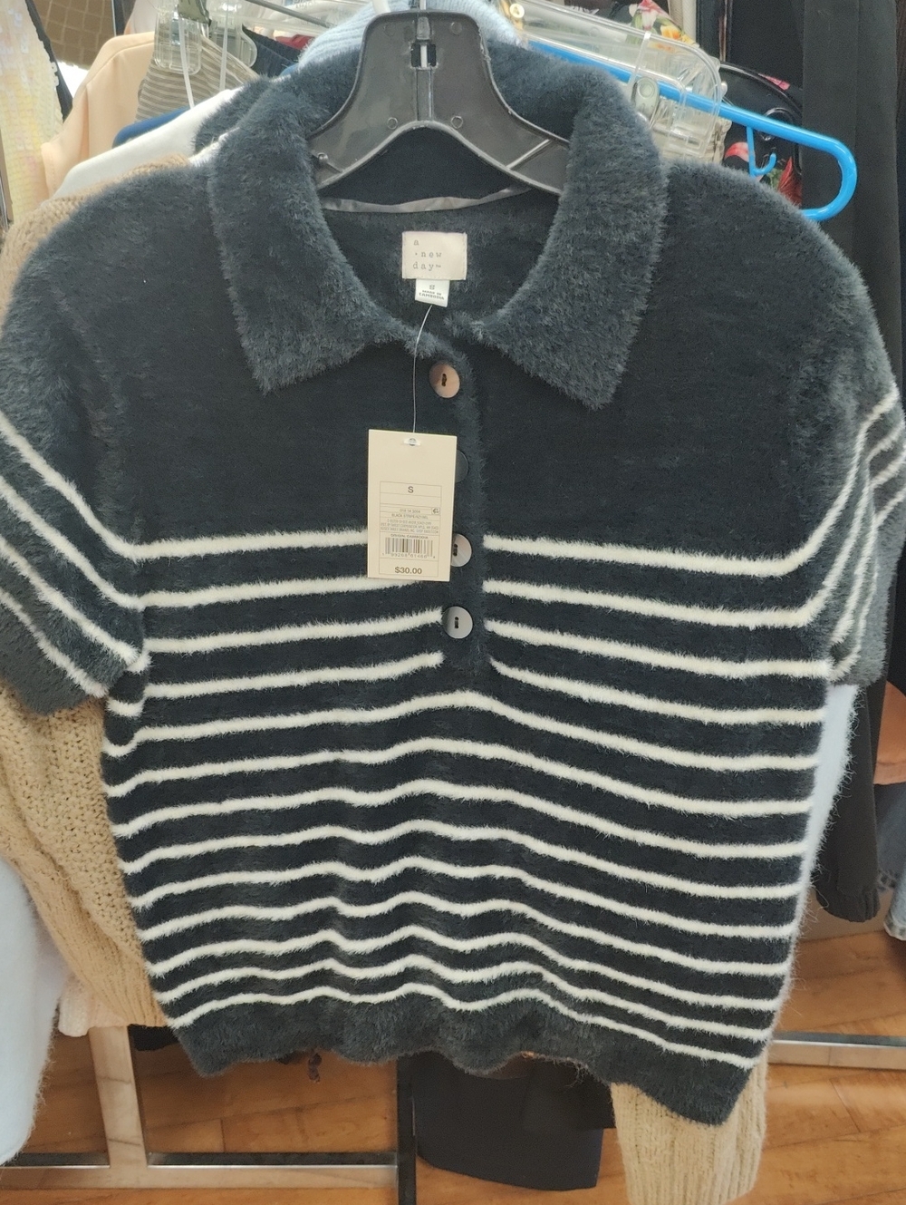a new day Black and White Fuzzy Striped Polo Cardigan